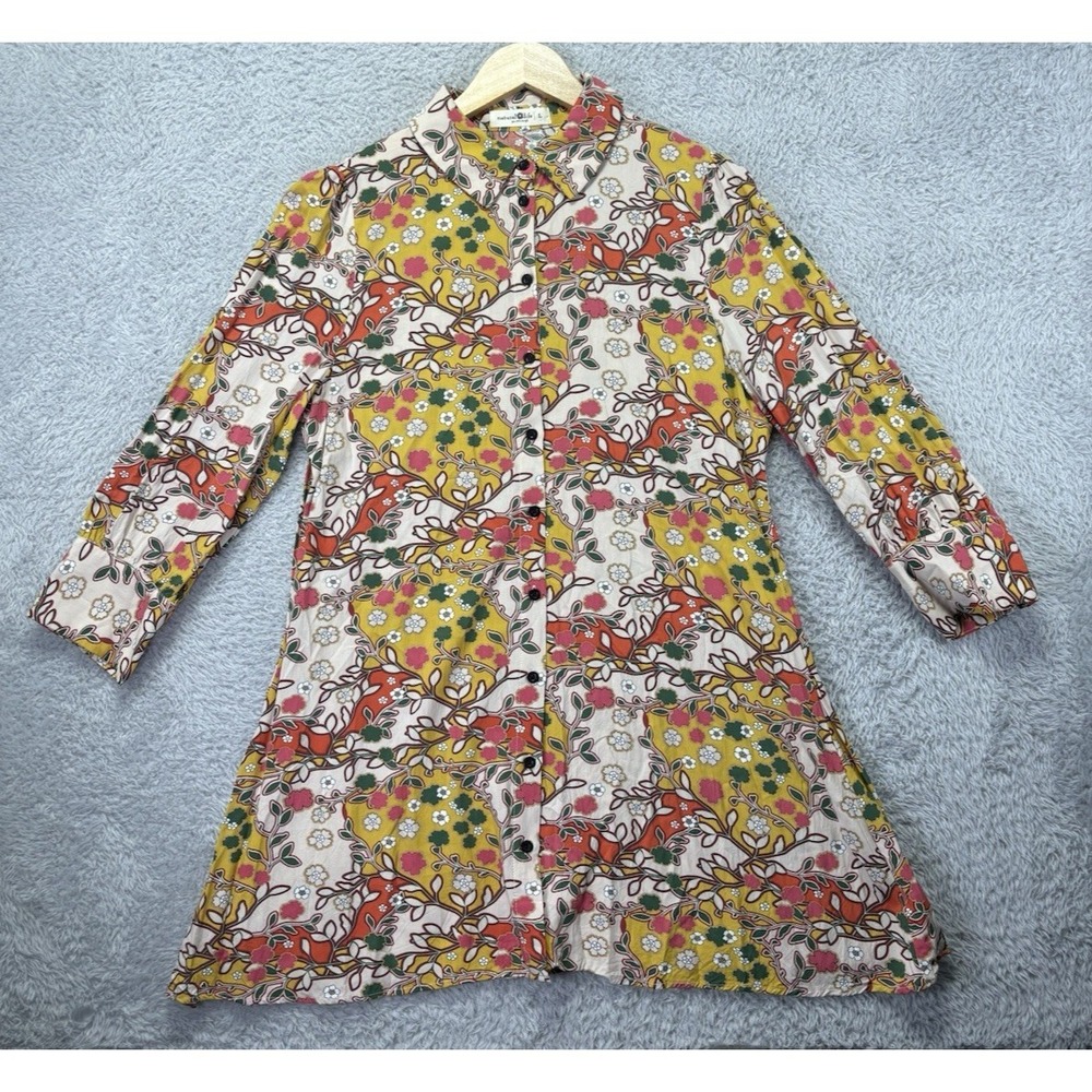 Natural Life Twiggy Dress Womens Large Floral Boho Tunic Mini Button Front